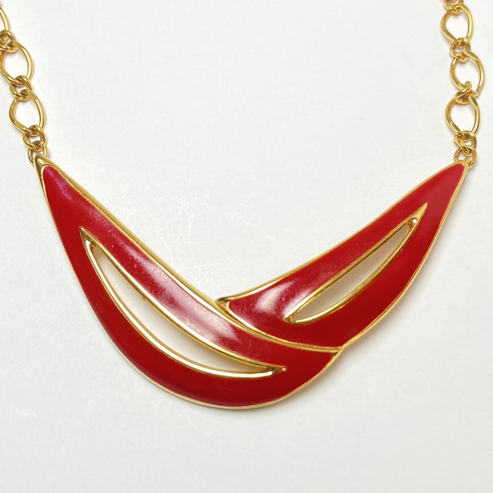 Vintage Monet Necklace Red Enamel Gold Tone Chain Choker Signed Retro Open Curve